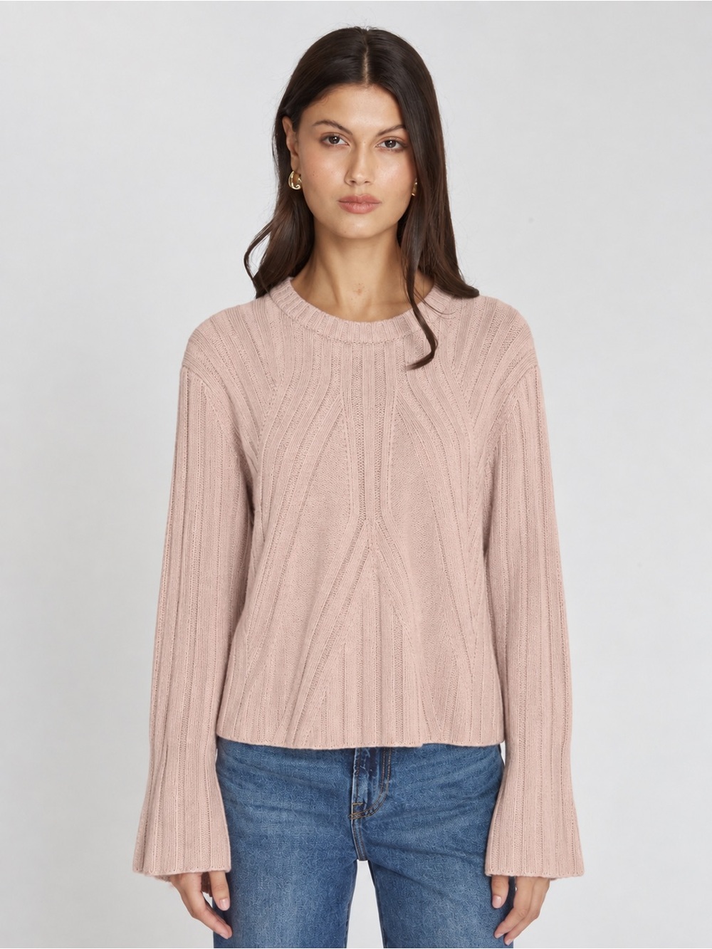 REVOLVE Autumn Cashmere Blush Pink Cashmere Wool Ribbed Bell Sleeve Sweater L